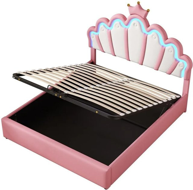 KOMHTOM Polsterbett Prinzessinnenbett mit verstellbarer Stimmungsbeleuchtung und Lift-up-Funktion, Farbe: Rosa, B/T/H: 140 x 200 x 131 cm - Bild 1