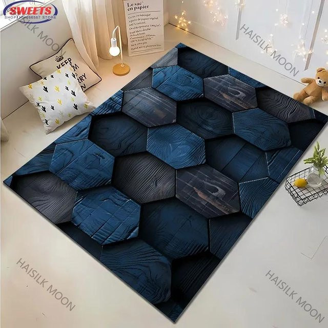 NICEGifts Sechseckiger Teppich in Dunkelblau mit Holzmaserung für Kinderzimmer, Wohnzimmer und Schlafzimmer, B/T: 60 x 40 cm - Bild 1