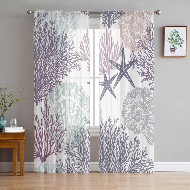 Super Six Transparentes Tüll-Fenster Vorhang mit Ozean-Motiv Koralle Muschel Seestern in Weiß B: 135 cm, H: 114 cm - Bild 1