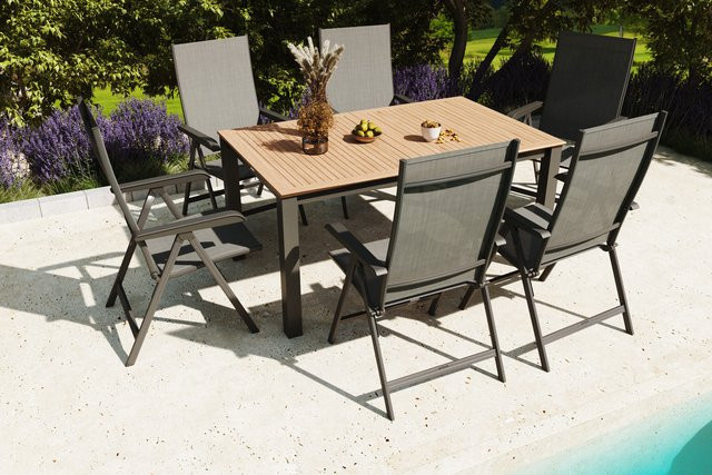 Kettler BasicPlus Garten-Essgruppe aus Aluminium, Teakholz und Textilene in Anthrazit matt mit ausziehbarem Tisch und 6 Sesseln - Bild 1