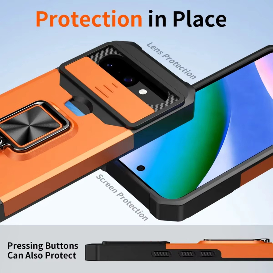 Google Handyhülle mit Kartenfach, Ringhalter und Schiebe-Kameraabdeckung für Pixel 6 7 8 9 10 Pro XL in Orange - Bild 2