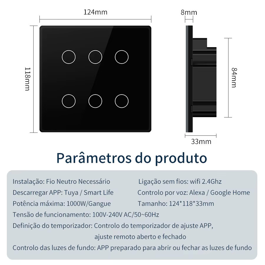 GGBEE Tuya WiFi Smart Switch 4/6-fach Touch-Panel Lichtschalter in Schwarz, App- und Sprachsteuerung kompatibel mit Amazon Alexa und Google Assistant, Brasilien Standard - Bild 6
