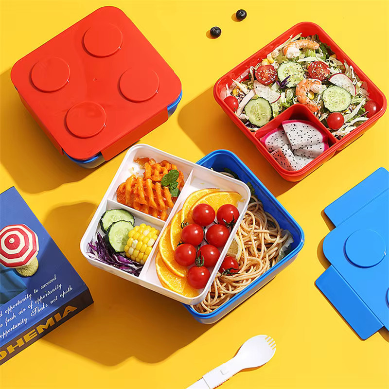 JUSTINLAU Tragbare Bento-Box aus Kunststoff mit versiegelbarem Deckel, bunte Baustein-Optik, rot/mehrfarbig - Bild 3