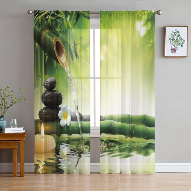 Transparenter Chiffon-Fenstervorhang mit Bambus-Schwanen-Design in Grün, Breite: 100 cm, Höhe: 250 cm - Bild 1