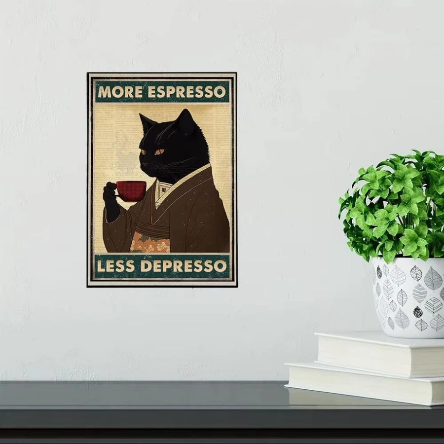 Retro Metall Blechschild CIFbuy Mehr Espresso Weniger Depresso mit Schwarzer Katze, Wandkunst Dekor, Farbe: Schokoladenbraun, Breite: 20 cm, Höhe: 20 cm - Bild 2