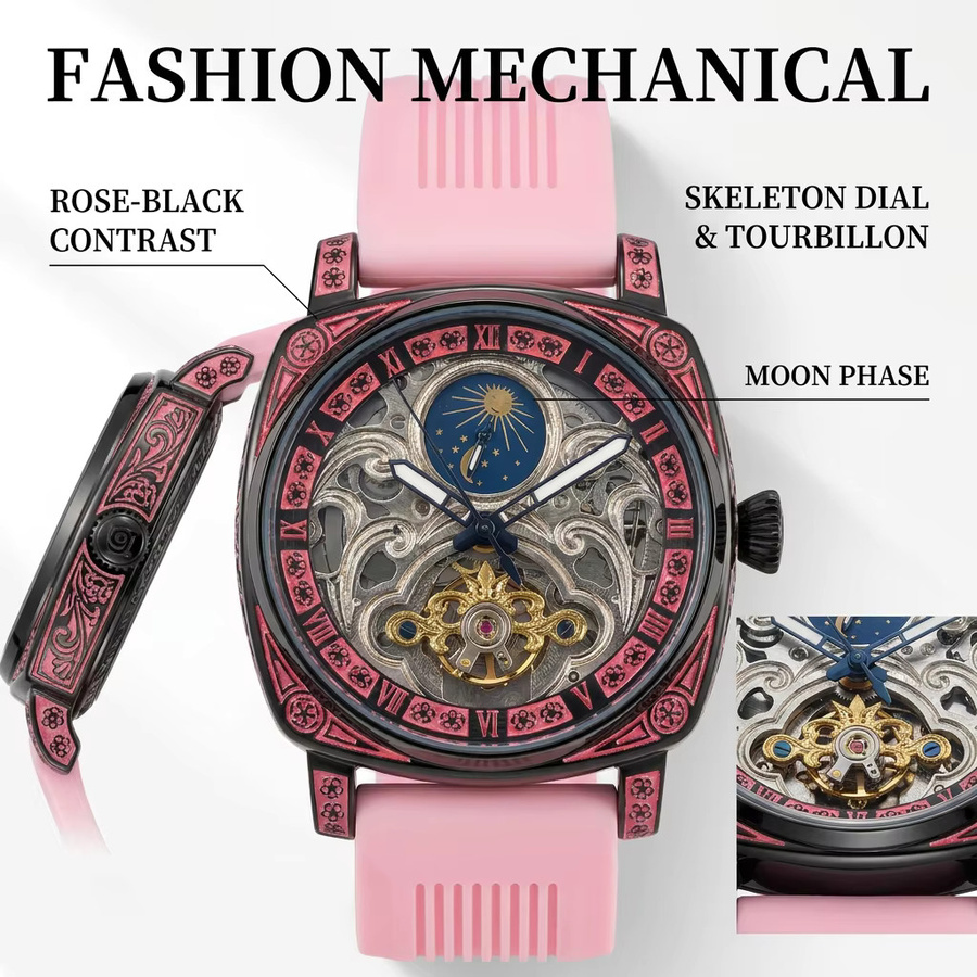 CAROTIF Armbanduhr, Mechanisch, Rosa Zifferblatt, Silikonarmband, Herren - Bild 6
