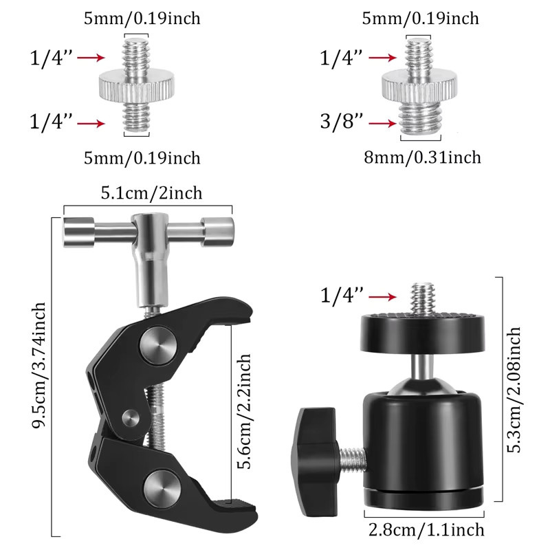 DIXSG Super-Klemme 360 Grad Kugelkopf-Magischer Arm mit 1/4 und 3/8 Zoll Gewinde in Schwarz für DSLR-Kamera, Monitor, LED-Licht und Mikrofon - Bild 2