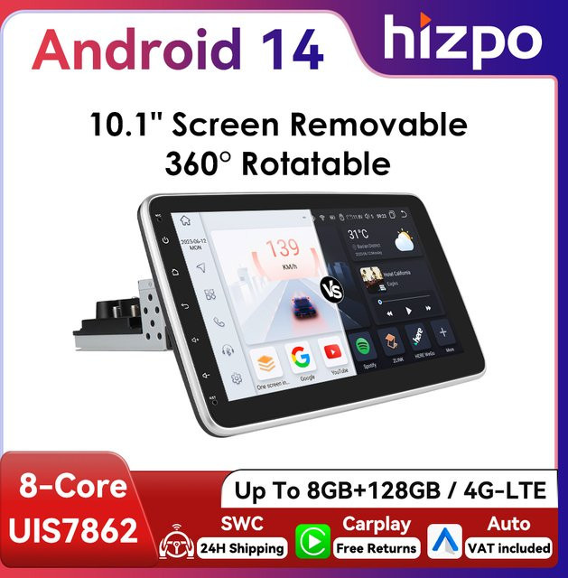 HIZPO 1Din Universal Android Auto Autoradio mit 10,1 Zoll drehbarem Bildschirm, CarPlay, 4G, GPS und Multimedia-Headunit in Schwarz - Bild 1
