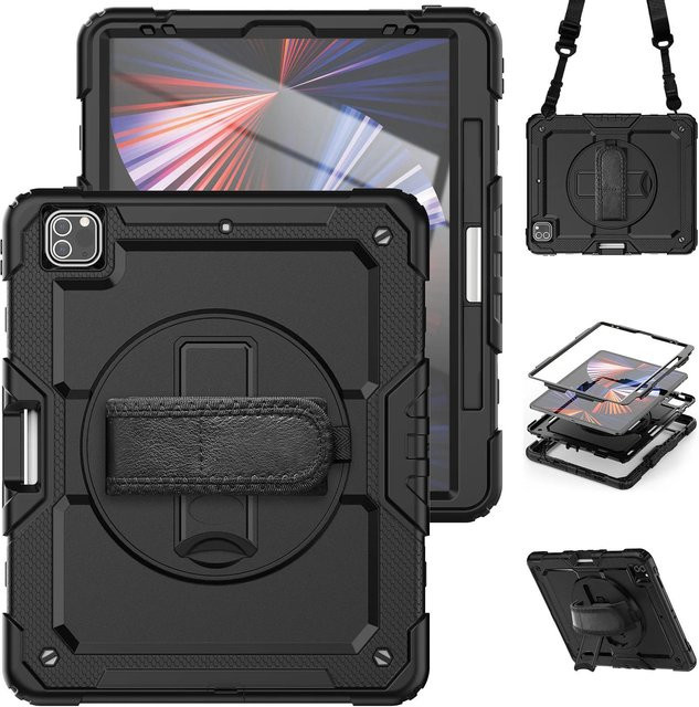 Stoßfeste iPad Hülle mit PET-Bildschirmschutz und Riemen für iPad Pro 11 12.9 13 Zoll und iPad Air 11 4 5 10.9 10. 11. Generation in Schwarz - Bild 1