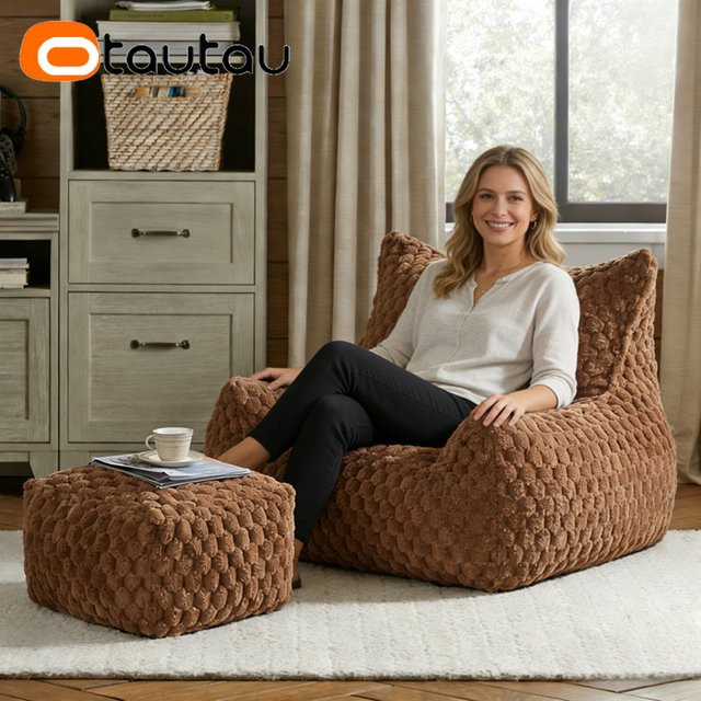 OTAUTAU Flauschiger Sitzsackbezug aus Kunstfell in Braun für Pouf-Sessel - Bild 1