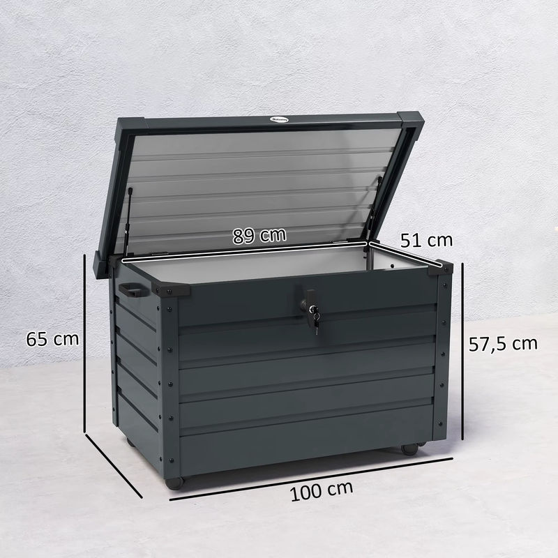 Outsunny Gartenbox aus verzinktem Stahl mit Rollen und Schloss, Dunkelgrau, B/T/H: 100 x 62 x 65 cm - Bild 3