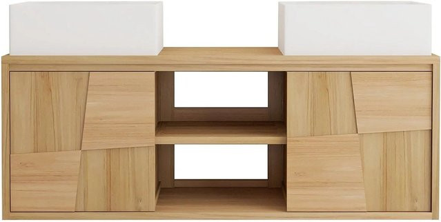 Vente-unique Doppelwaschtisch Sumbawa aus Teakholz Massivholz in Beige/White, B/T/H: 120 x 50 x 45 cm - Bild 1