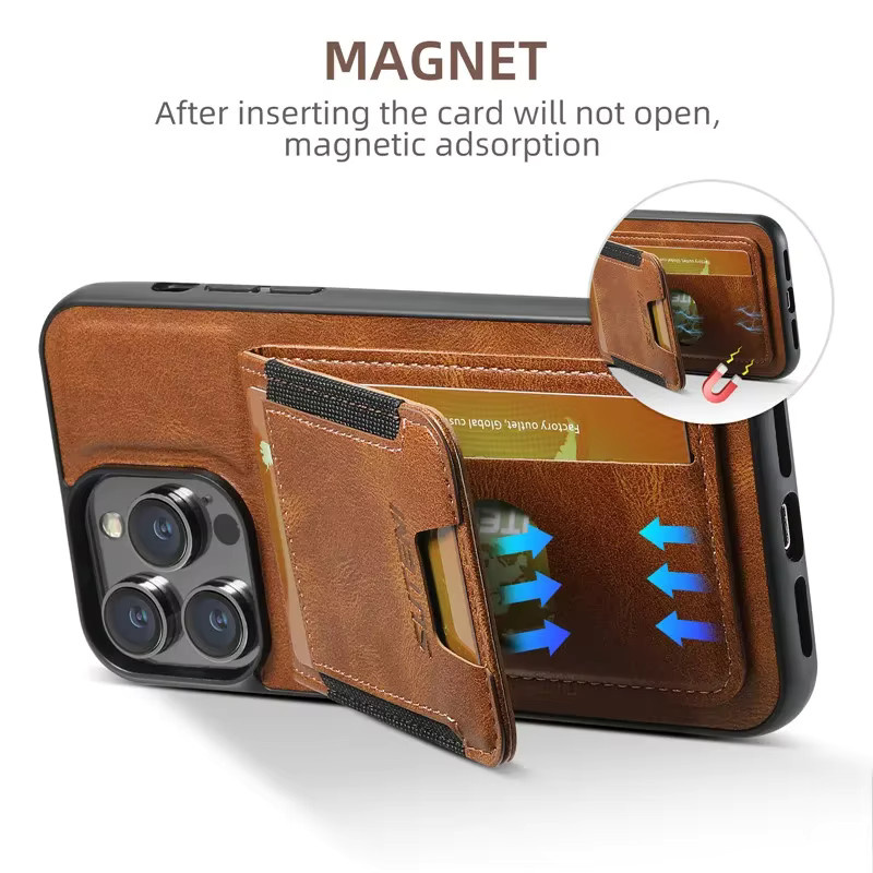 EUCAGR Luxus Leder Brieftasche Handyhülle mit Kartenhalter und Magnetverschluss für iPhone 16 15 14 13 12 11 Pro Max Plus XS XR in Braun - Bild 3