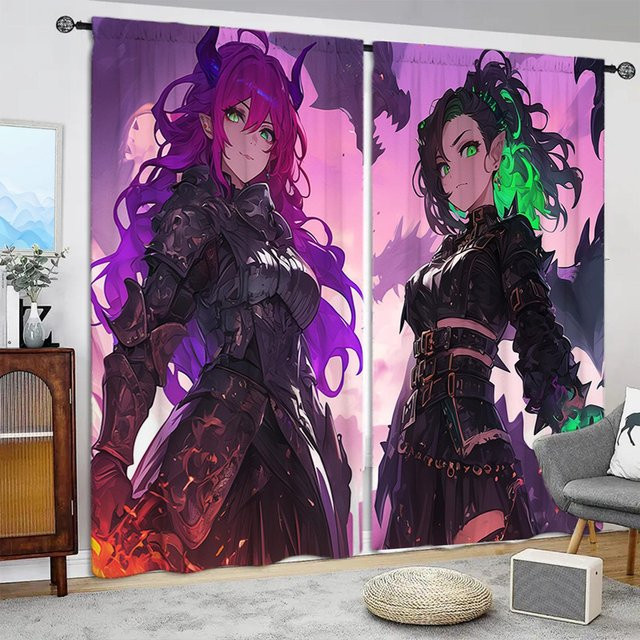 2er-Set Anime-Charakter Vorhang mit Grafikprint in Lila, halbtransparent, Breite: 52,5 cm, Höhe: 116 cm - Bild 1