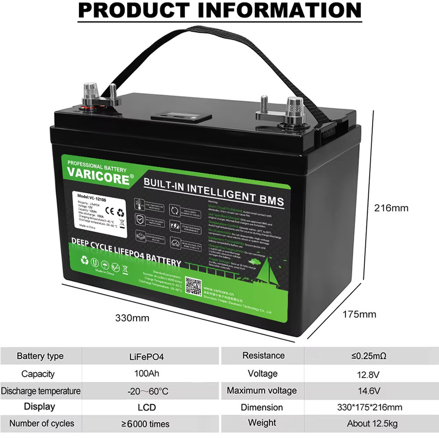 VariCore LiFePO4 Batteriepack 12,8V 100Ah mit 4-Saiten-BMS in Schwarz für Wohnmobile, Golfcarts und Solar- sowie Windenergieanlagen - Bild 2