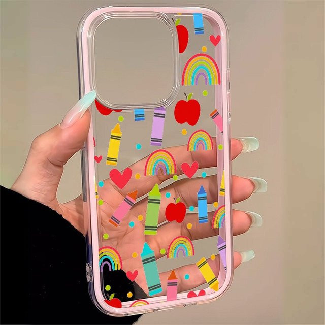Transparente Zwei-in-Eins Handyhülle mit Regenbogen-Stiftmuster und rosa Rand für Apple iPhone 16 15 14 13 12 11 Pro Max Plus Serie, Multicolour - Bild 1