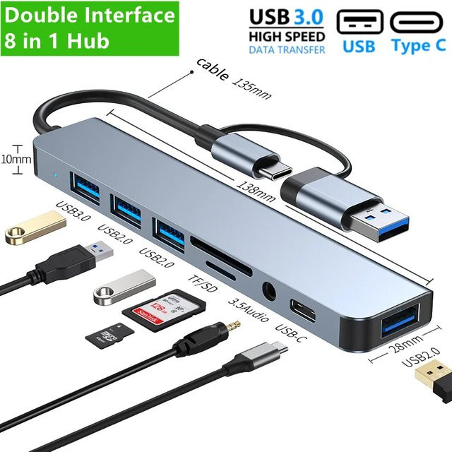 KOJESHUN 8-in-1 USB-Hub Dockingstation mit USB-A und USB-C 3.0, SD und TF Kartenleser sowie Audio-Anschluss - Bild 1