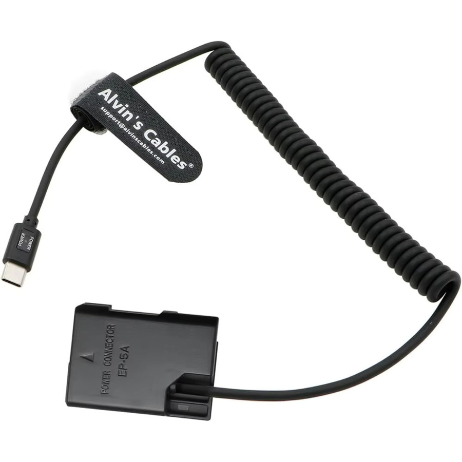 Alvin's Cables EN-EL14 Dummy-Akku mit USB-C Spiralkabel Netzteil für Nikon D3100 D3200 D3300 Kameras in Schwarz - Bild 2