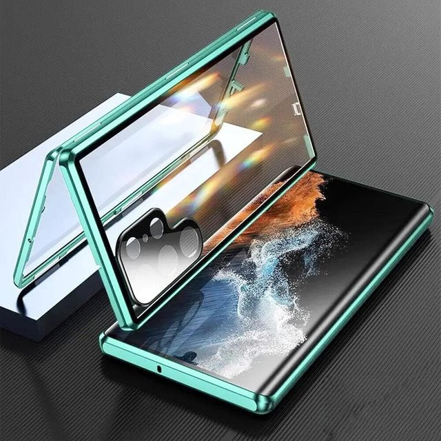 Magnetische Schutzhülle aus gehärtetem Glas und Metall für Samsung Galaxy S24 Plus S23 S22 S21 Ultra Plus mit unterem Verriegelungsmechanismus in Transparent, Grün oder Türkis - Bild 1