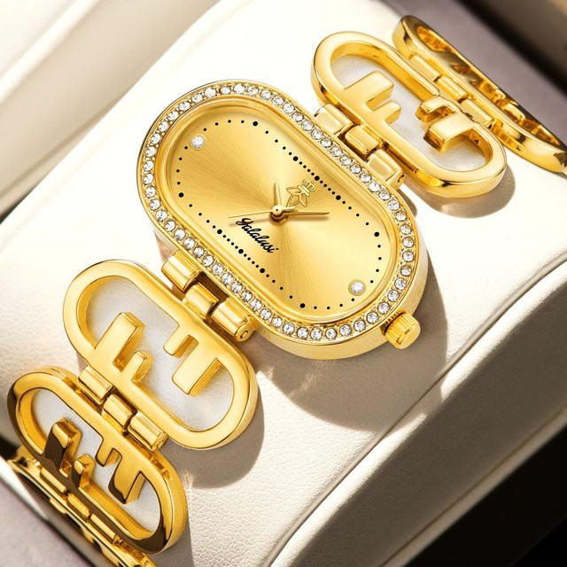 YaLaLuSi Armbanduhr, Quarz, Edelstahl, Diamantbesetzt, Damen, Weiß, Gold - Bild 1
