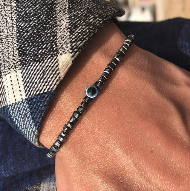 Armband, Natursteinperlen, Evil Eye, Hämatit, brown, Unisex - Bild 1