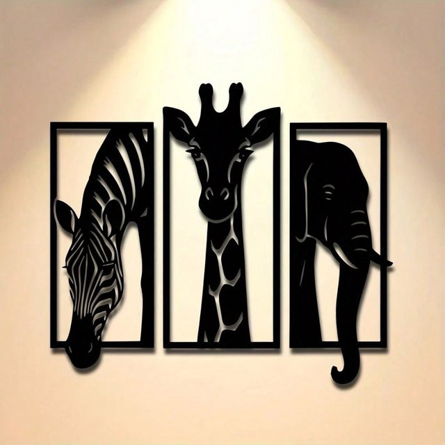 CIFBUY Metall-Wandkunst 3-teiliges Set Elefant Giraffe Zebra in Schwarz zur Wandmontage für moderne Heimdekoration - Bild 1