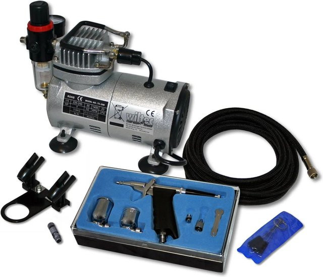 Wiltec Airbrush Kompressor Set mit AS18-2 Airbrushpistole DA116 und Reinigungsset in Silber/Multicolor - Bild 1