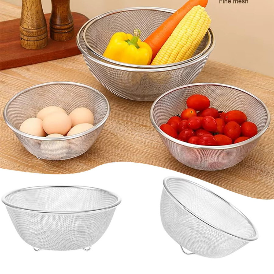 Waasoscon Edelstahl-Mesh-Sieb in Silber, runder Abtropfkorb für Gemüse, Obst und Reis - Bild 3