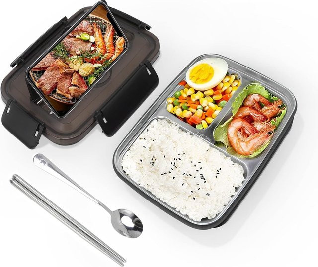 FEB.WIND Bento-Lunchbox mit Edelstahl-Einsatz und Fächern, wärmeisoliert, inklusive Besteck, Farben: Blau oder Schwarz - Bild 1