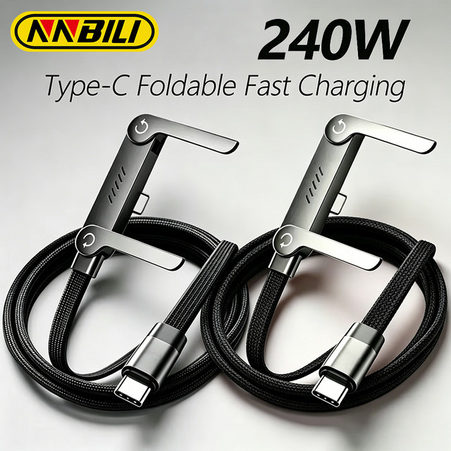 NNBILI USB-C zu USB-C Schnellladekabel mit 240W und faltbarer Desktop-Halterung, Schwarz - Bild 1