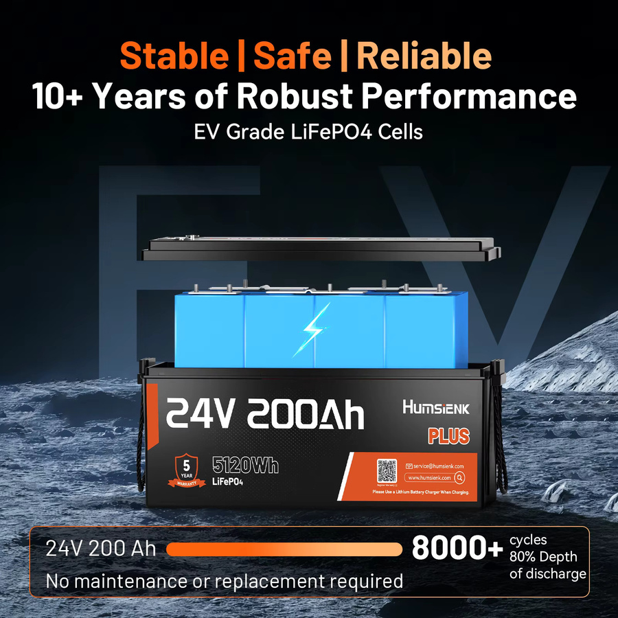 Humsienk 24V 200Ah LiFePO4 Lithium-Batterie mit integriertem 250A BMS und Niedertemperaturschutz in Schwarz für Wohnmobile, Camper und Marine-Anwendungen - Bild 3