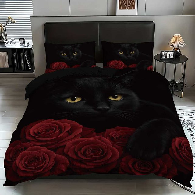 Lodestar 3-teiliges Bettwäscheset mit Katzenmuster in Grau und Schwarz, bestehend aus 1 Bettbezug und 2 Kissenbezügen, B/H: 135 x 200 cm - Bild 1