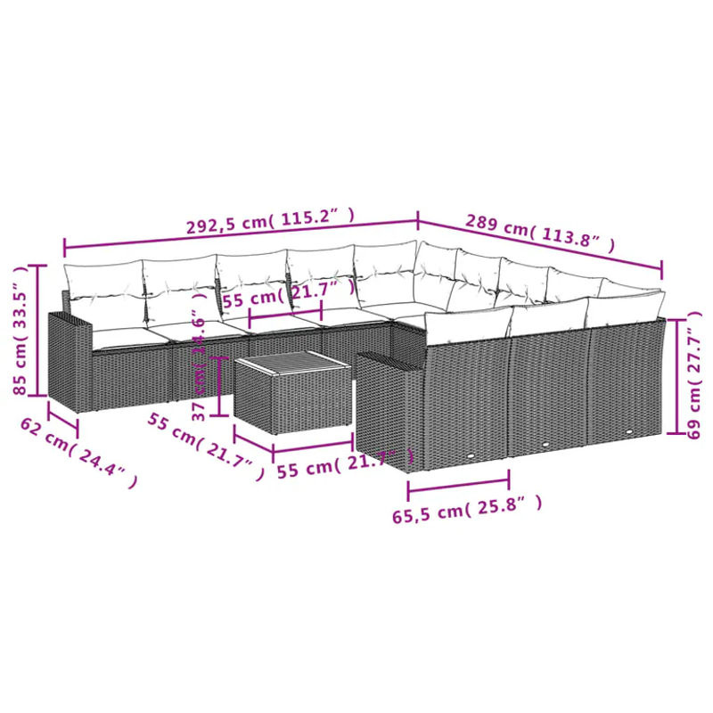 Vidaxl Gartenmöbel-Set aus Polyrattan mit Kissen, 12-teilig, Schwarz - Bild 2