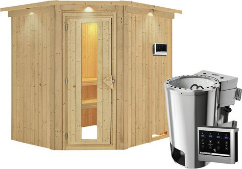 Karibu Sauna Talsen aus Fichtenholz mit 3,6 kW Saunaofen und externer Steuerung für 3 Personen, beige - Bild 1