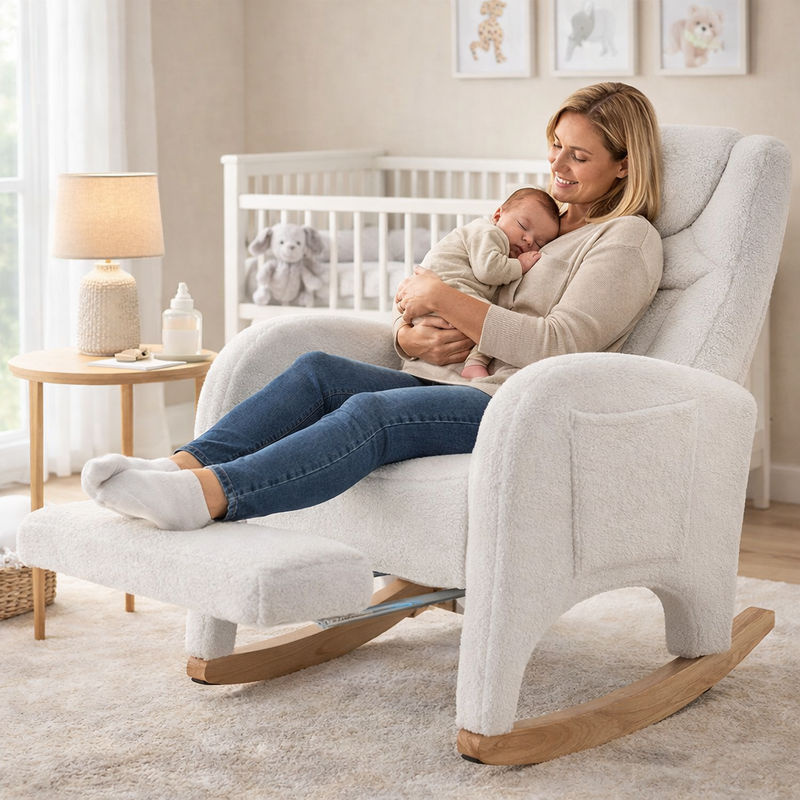Aosom Schaukelstuhl mit klappbarem Fußhocker aus Teddy-Stoff in Weiß, ergonomisch gepolstert mit Armlehnen, B/T/H: 66 x 96-125,5 x 99 cm - Bild 2
