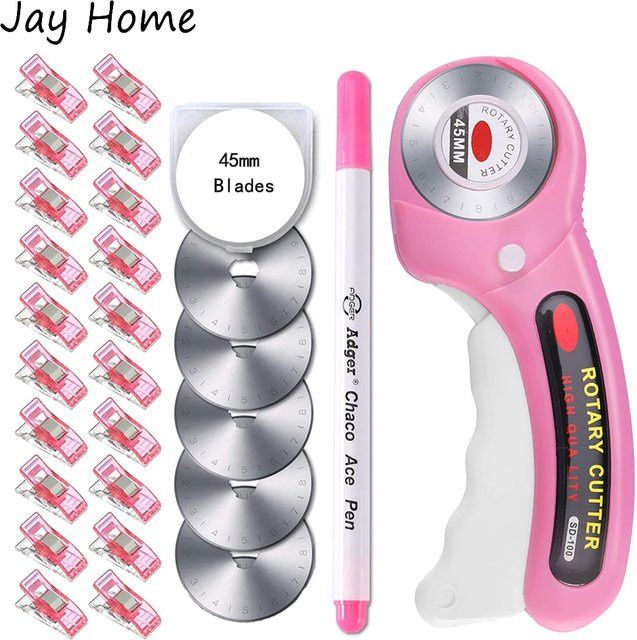 JAY HOME Rotationsschneider Set in Pink mit 45 mm Klinge, 5 Ersatzklingen, Nähklammern und Stoffmarkierungsstift für Stoff, Leder und Quilten - Bild 1