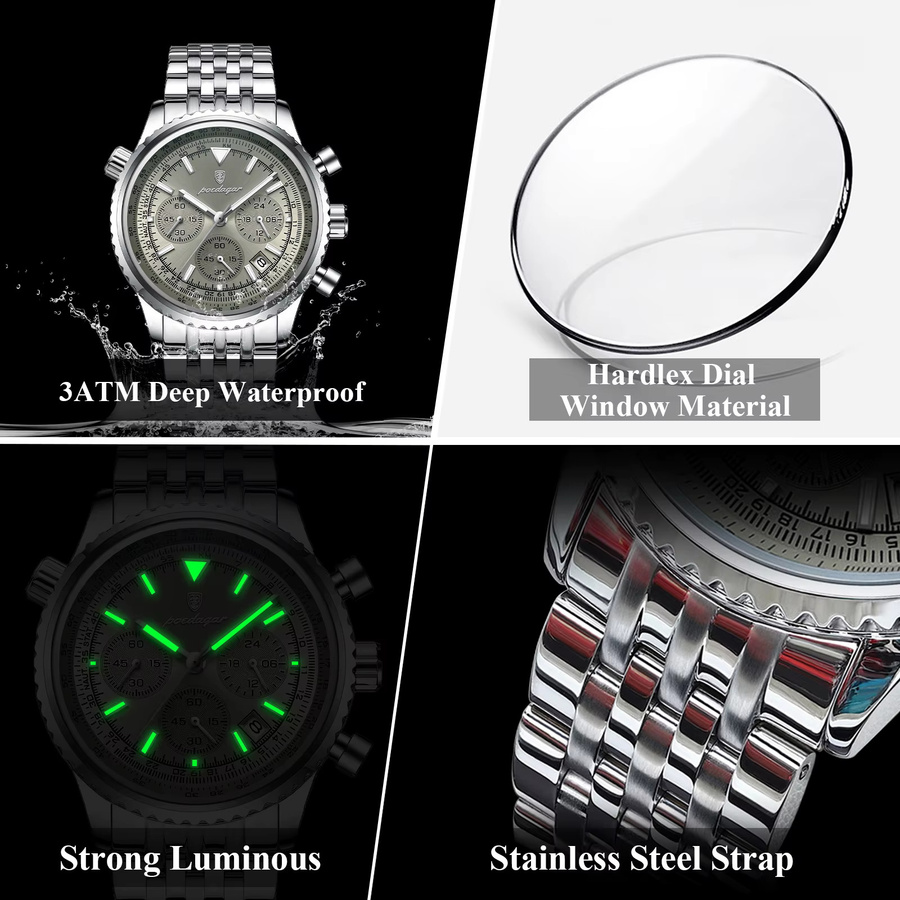 POEDAGAR Armbanduhr, Chronograph, Quarz, Edelstahl, Silber, Herren - Bild 4
