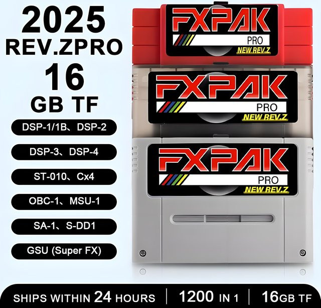 Everdrive Premium Retro FXPAK Rev Z 16bit Spiele-Kassette für SNES mit 1200 Spielen, Cyclone Chip und 16 GB Micro SD-Karte in Schwarz und Transparent - Bild 1
