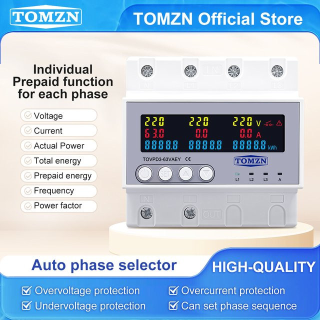TOMZN Phasenwahlschalter dreiphasig mit separater Prepaid-Funktion, 63 A, 3P+N, einstellbarer Über- und Unterspannungs-Stromschutzmonitor, Weiß - Bild 1