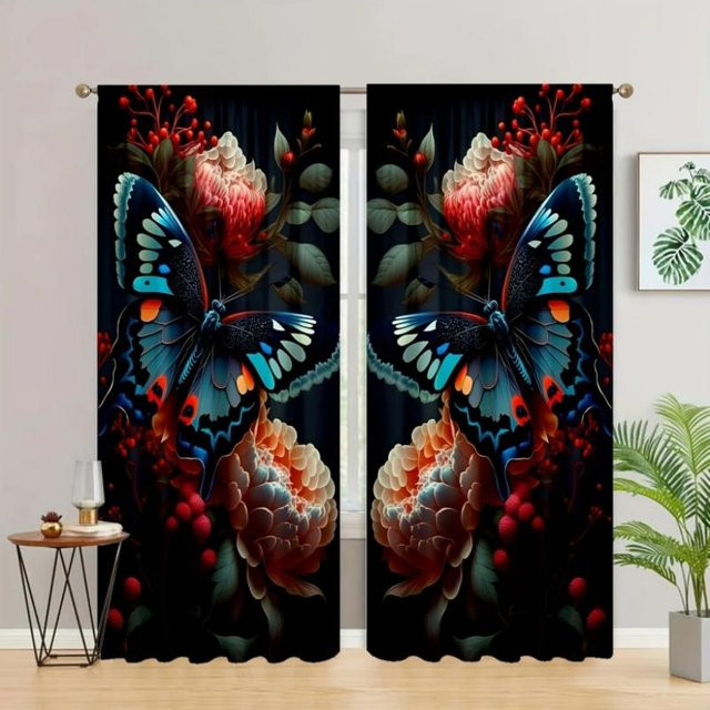 Yiran Furniture Vorhang mit Schmetterlings- und Blumenmuster, halbtransparent, mehrfarbig, B: 55 cm, H: 120 cm - Bild 1