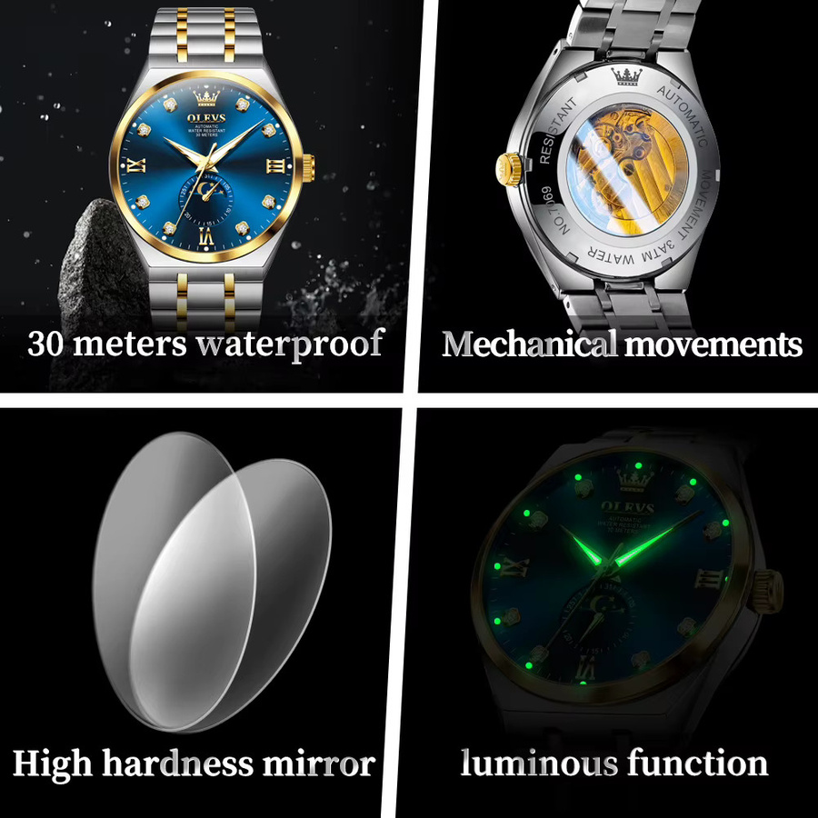 OLEVS Armbanduhr, Automatik, Mondphase, Edelstahl, Blau, Herren - Bild 5