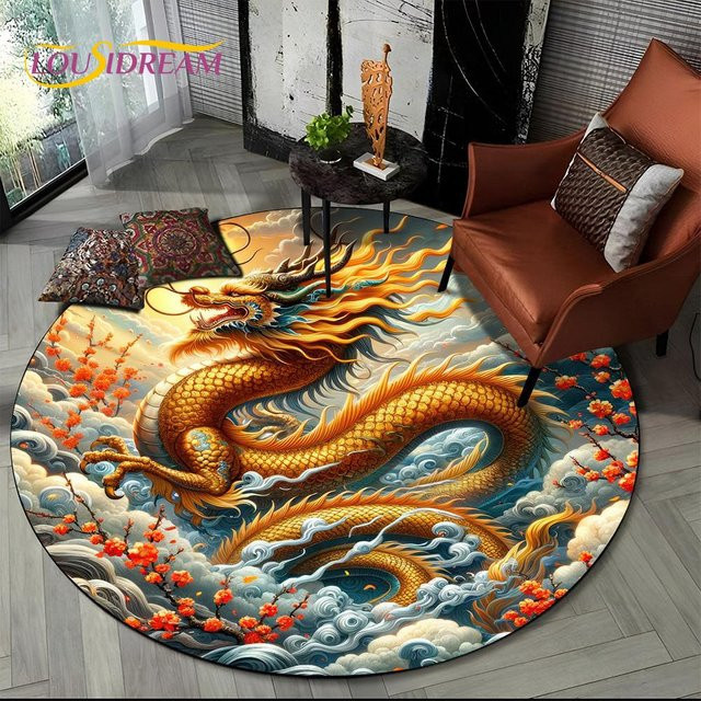 Karpetti Runder Teppich Loong Chinesischer Stil Verträumter Drache Cartoon, Mehrfarbig, Durchmesser: 80 cm - Bild 1