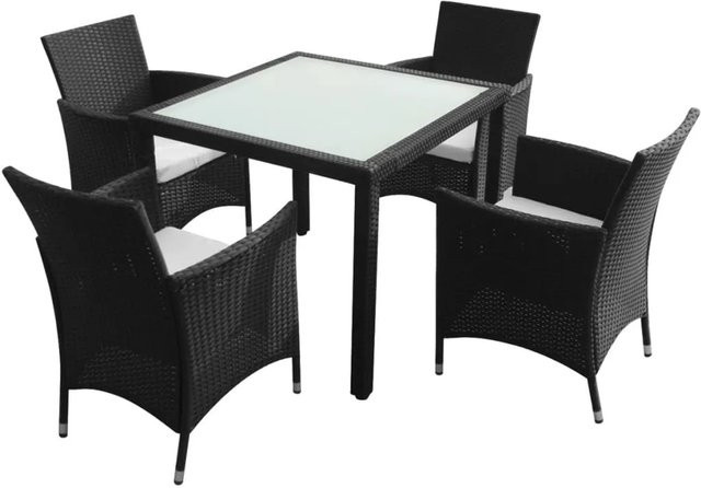 vidaXL 5-teilige Garten-Essgruppe aus Poly Rattan in Schwarz mit Auflagen und Glastisch - Bild 1