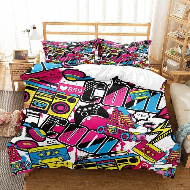 Graffiti Bettwäsche Set im Hip Hop Stil aus Polyester für Kinder und Teenager, Mehrfarbig, B/H: 135 x 200 cm - Bild 1