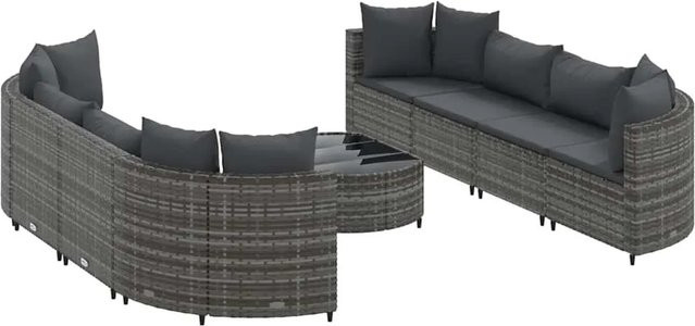 vidaXL 9-tlg. Garten-Sofagarnitur in L-Form aus grauem Poly-Rattan mit Kissen und Couchtisch - Bild 1
