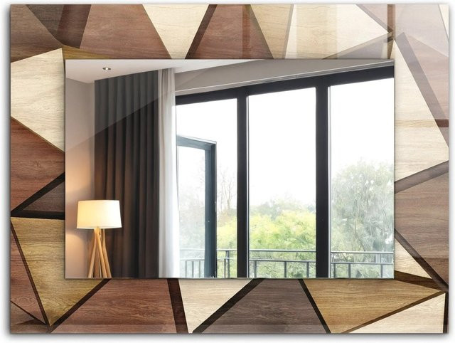 Tulup Spiegel mit geometrischem Holzmuster in Braun, Rechteckig, B: 80 cm, H: 60 cm - Bild 1