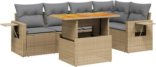 vidaXL 6-tlg Garten-Sofagarnitur in L-Form aus beige farbenem Poly-Rattan mit Kissen und Akazienholz - Bild 1