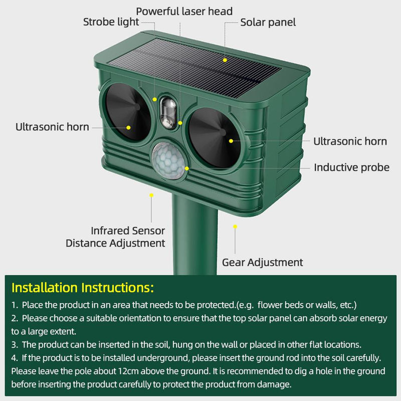 TOMTOP JMS Ultraschall Tierabwehr für den Garten mit Solarbetrieb, Bewegungsmelder und LED Strobe, wasserdicht, grün - Bild 5