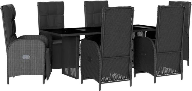 vidaXL 7-teilige Garten-Essgruppe aus schwarzem PE-Rattan mit Kissen und Hartglas-Tischplatte - Bild 1