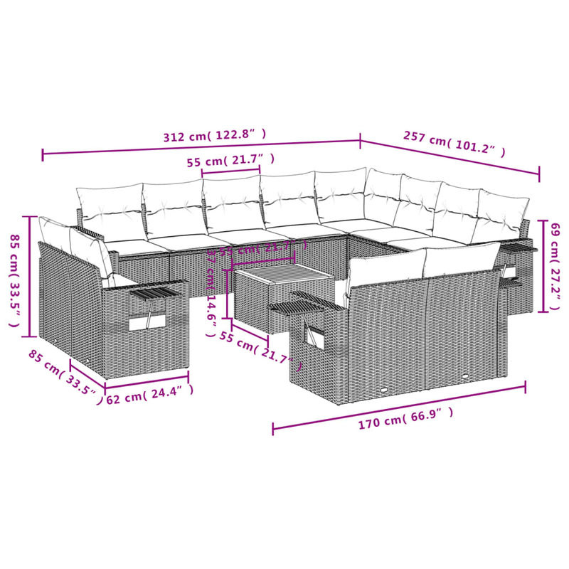 Vidaxl Gartenmöbel-Set aus Polyrattan und Akazie mit Kissen, 13-teilig, Schwarz - Bild 3
